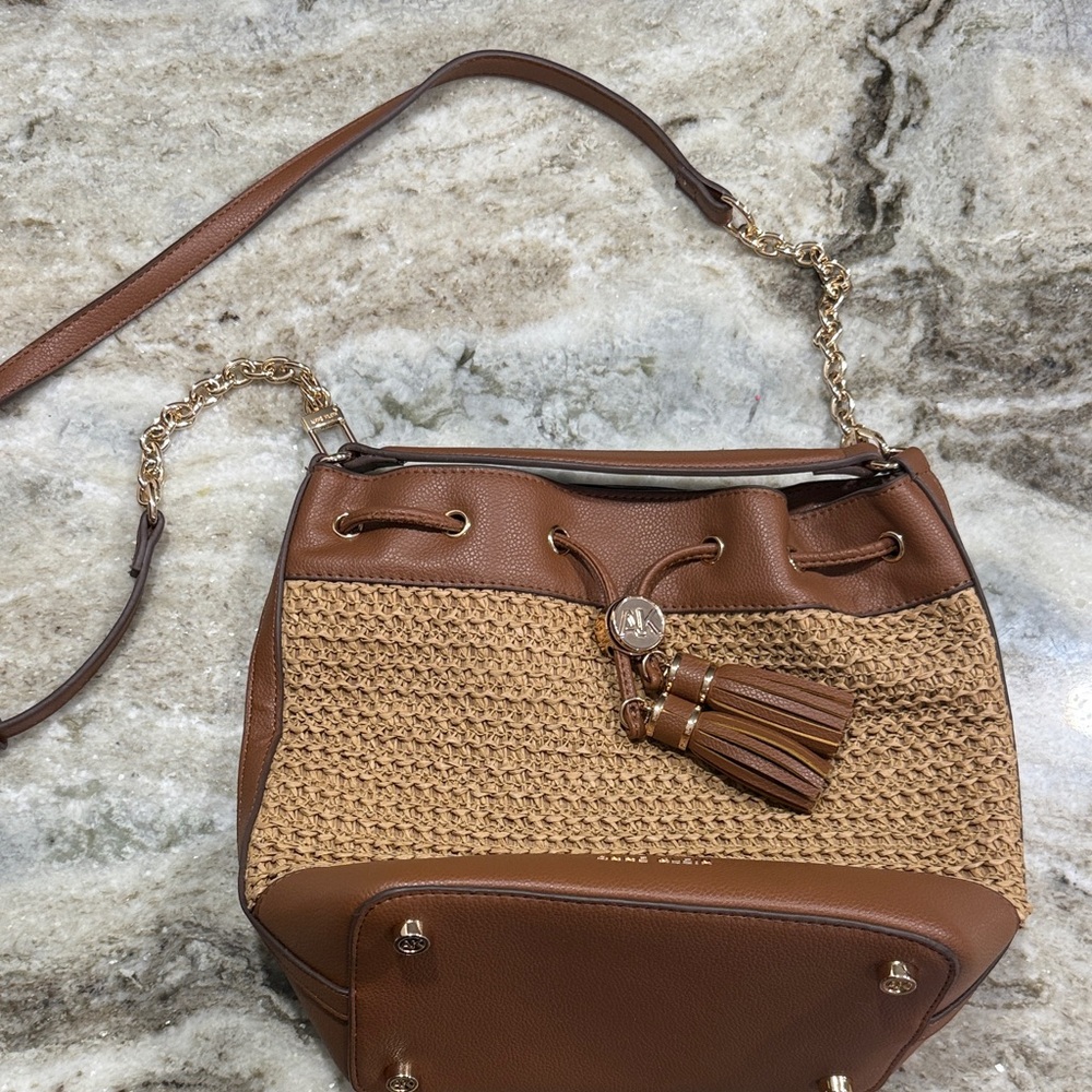Anne Klein Tan and Brown Woven Shoulder Bag